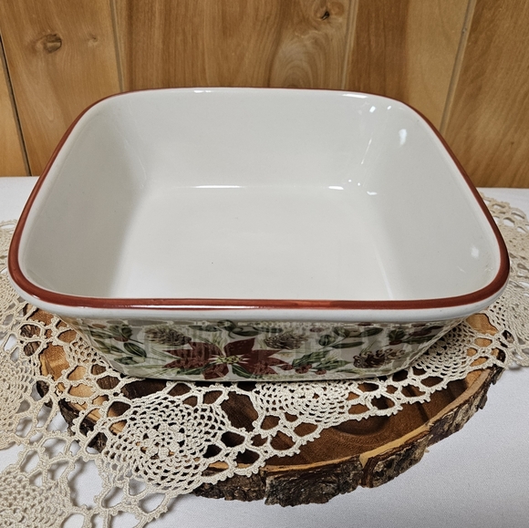 Longaberger Pottery Nature’s Garland Large Square Bowl Baker 9.5" Poinsettias - Picture 7 of 9
